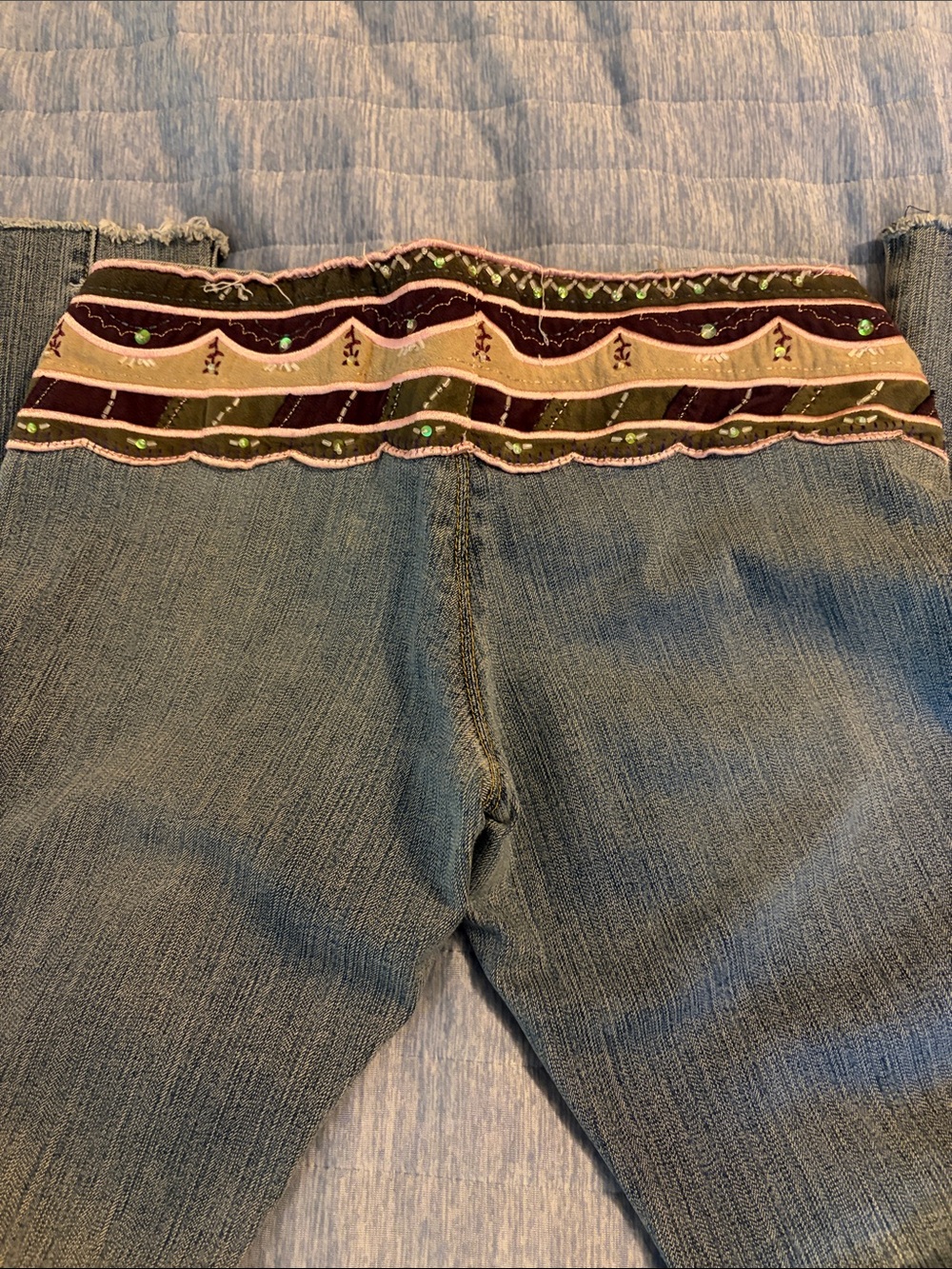 Dollhouse Light Blue Faded Flare Jeans with Embroidered Multicolor Waist - Picture 4 of 8